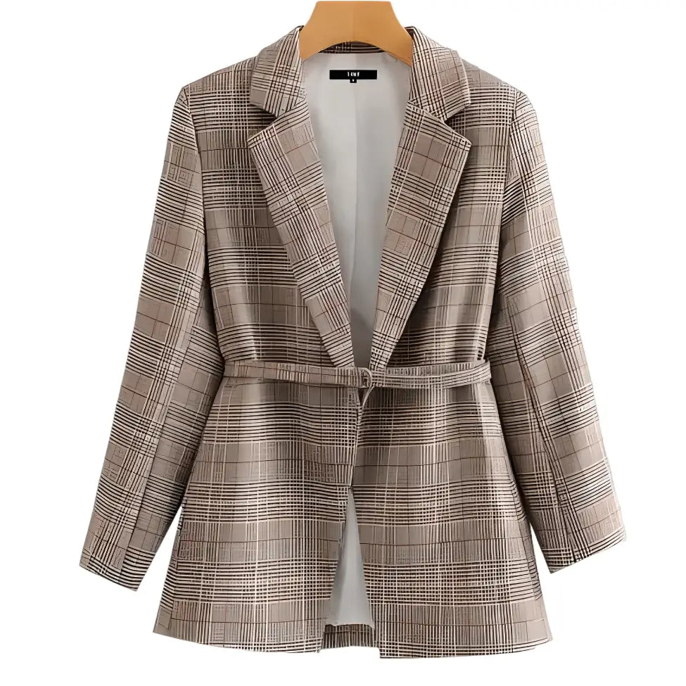 Stylish Wear Plaid Long Sleeve With Belt Chic Blazer