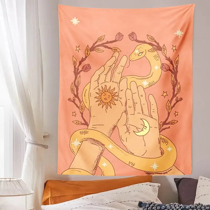 Sun Moon Floral Hand Snake Pink Tapestry - 95X73