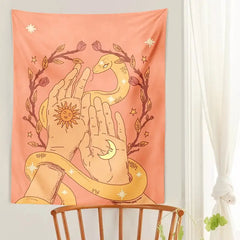 Sun Moon Floral Hand Snake Pink Tapestry - 95X73