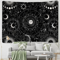 Sun Moon Mandala Starry Sky White Black Tapestry Wall