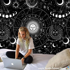 Sun Moon Mandala Starry Sky White Black Tapestry Wall