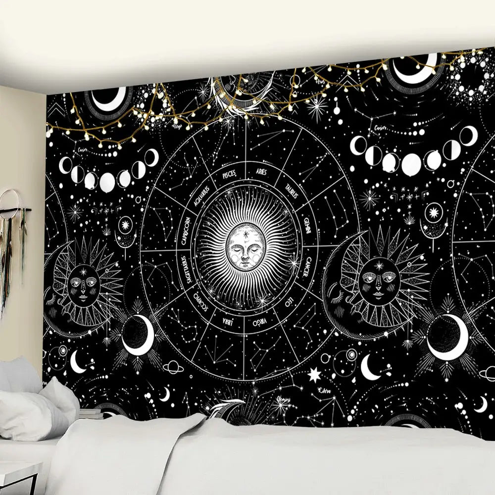 Sun Moon Mandala Starry Sky White Black Tapestry Wall
