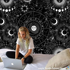 Sun Moon Mandala Starry Sky White Black Tapestry Wall