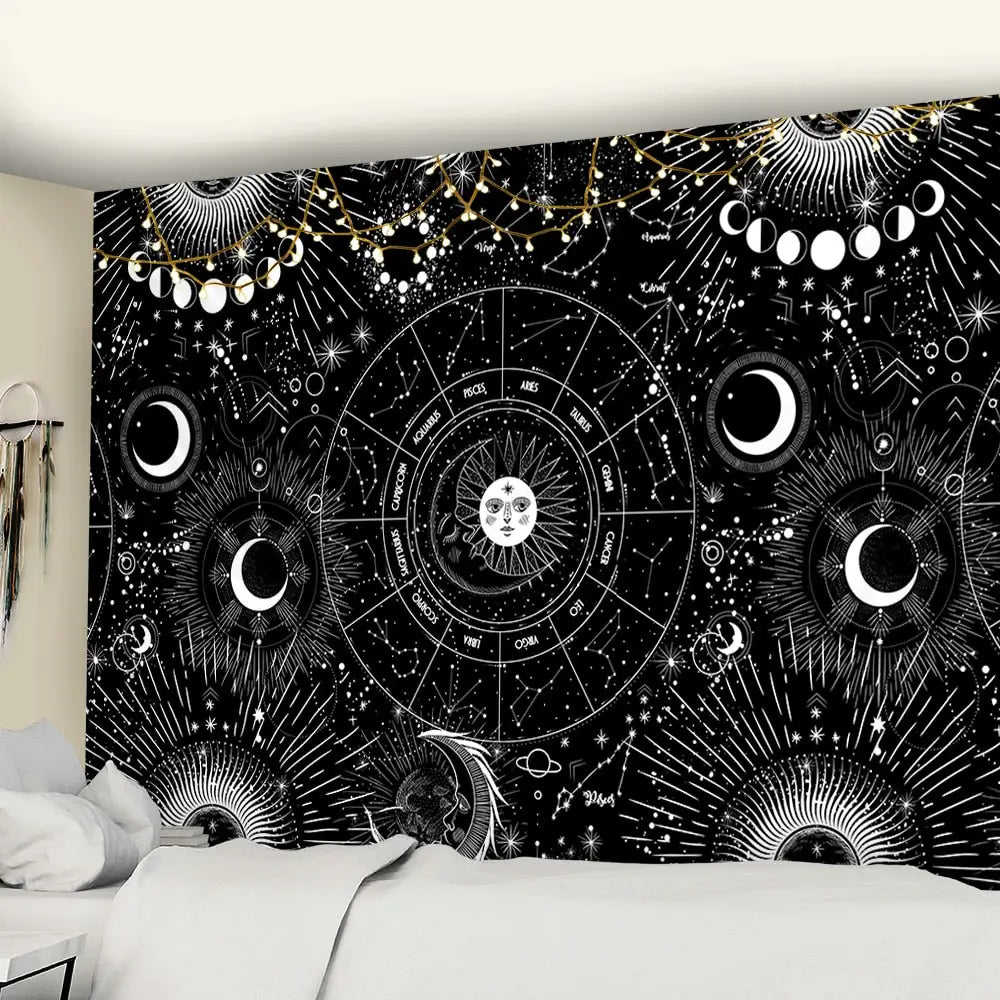 Sun Moon Mandala Starry Sky White Black Tapestry Wall