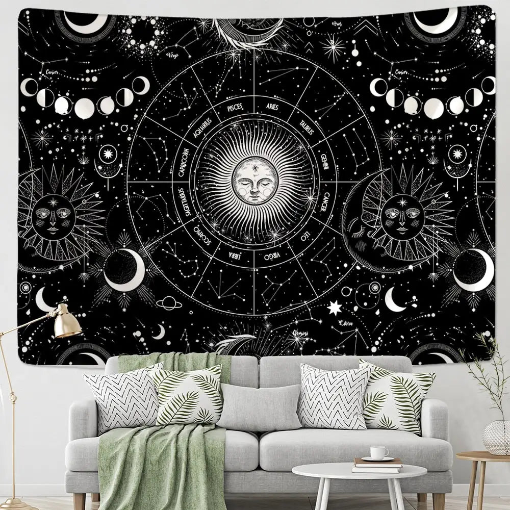 Sun Moon Mandala Starry Sky White Black Tapestry Wall