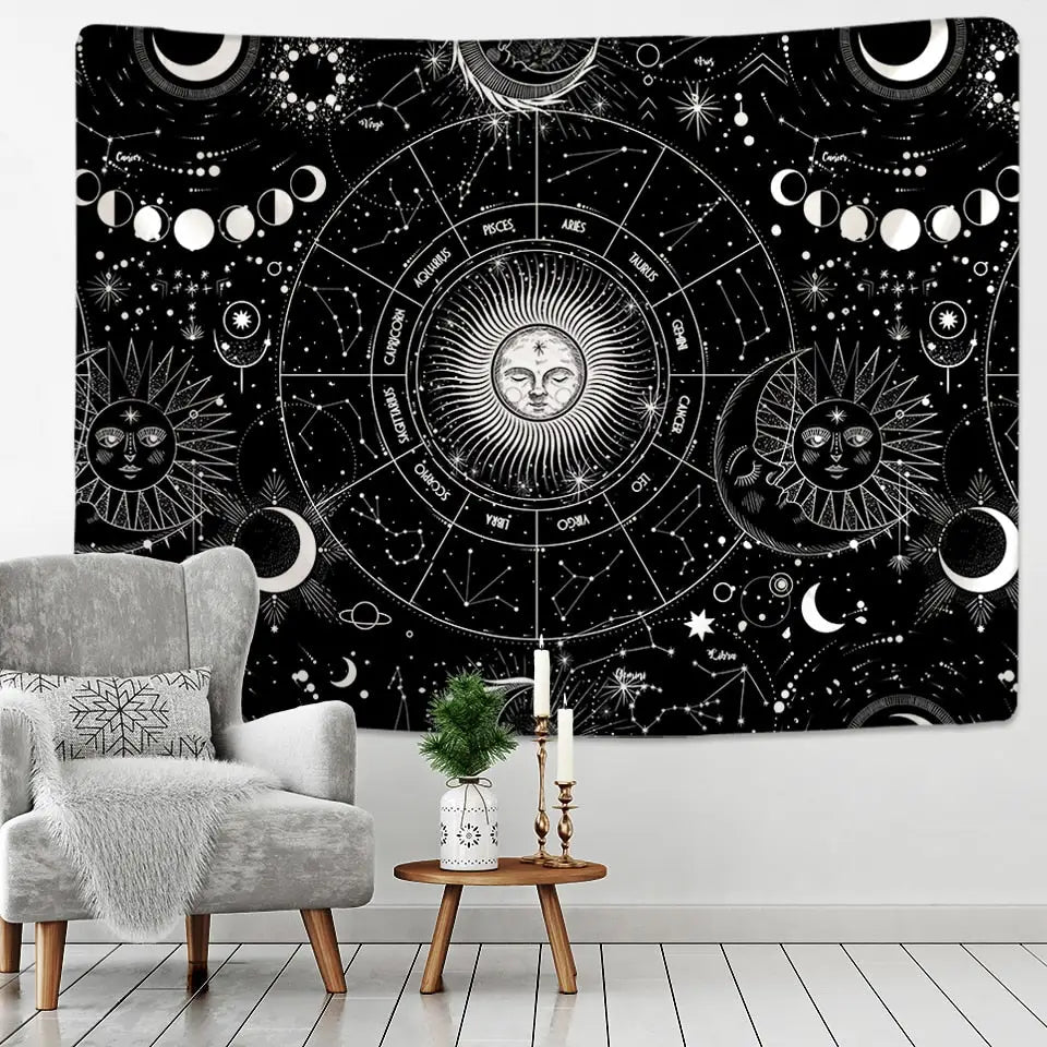 Sun Moon Mandala Starry Sky White Black Tapestry Wall - B