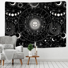 Sun Moon Mandala Starry Sky White Black Tapestry Wall