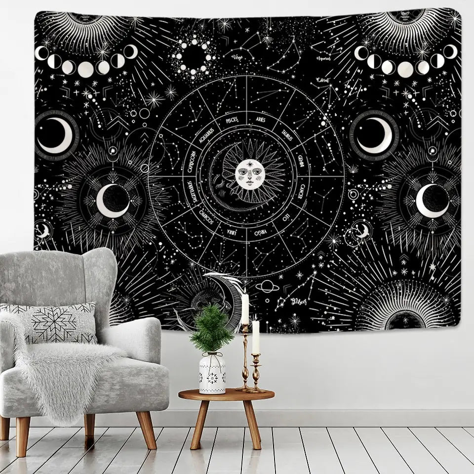 Sun Moon Mandala Starry Sky White Black Tapestry Wall