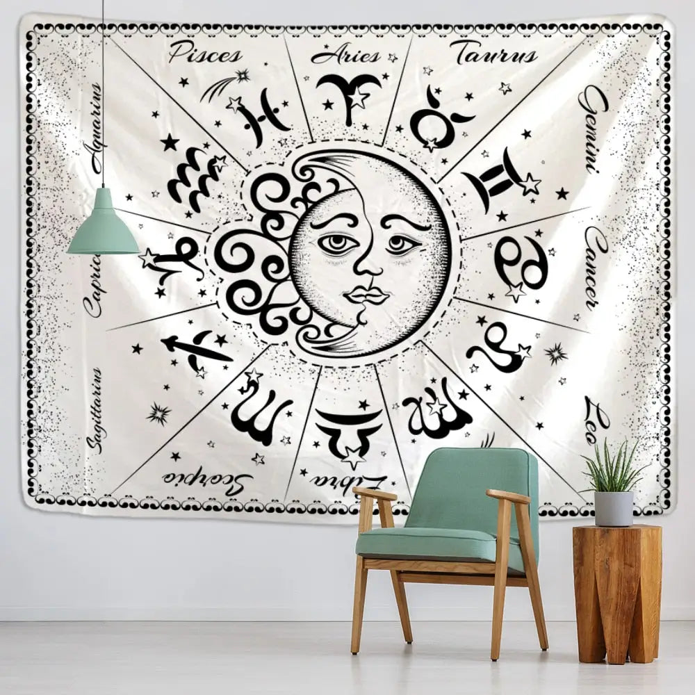 Sun Moon Mandala Starry Sky White Black Tapestry Wall - D