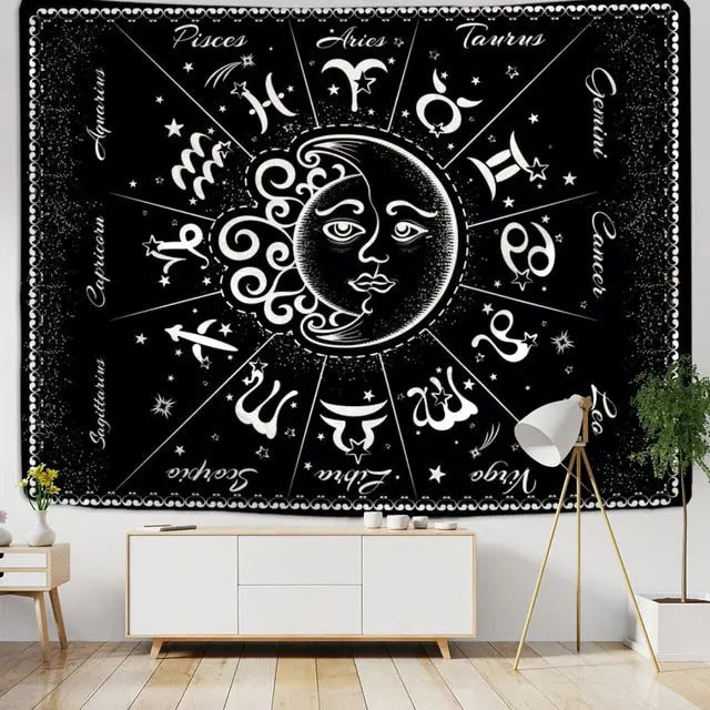 Sun Moon Mandala Starry Sky White Black Tapestry Wall - E