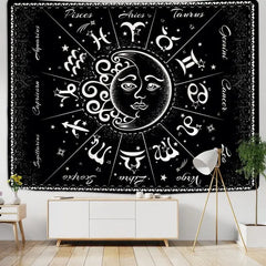 Sun Moon Mandala Starry Sky White Black Tapestry Wall