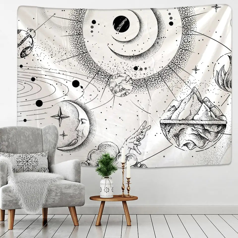 Sun Moon Mandala Starry Sky White Black Tapestry Wall - F