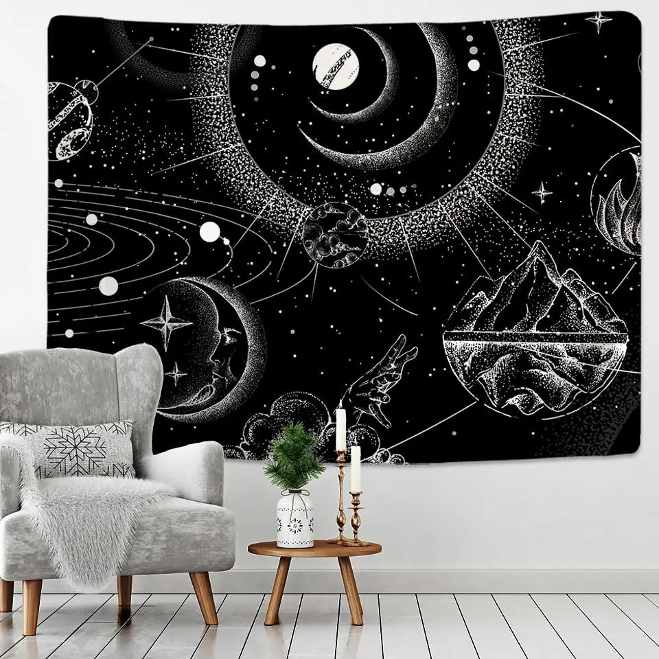 Sun Moon Mandala Starry Sky White Black Tapestry Wall