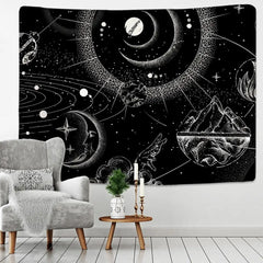 Sun Moon Mandala Starry Sky White Black Tapestry Wall - G