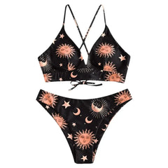 Sun Moon Star Print High Waist Bikini - Black / S