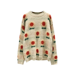 Sunflowers O-Neck Knitted Oversize Sweater - One Size /