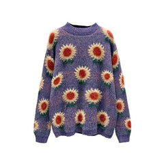 Sunflowers O-Neck Knitted Oversize Sweater - One Size /