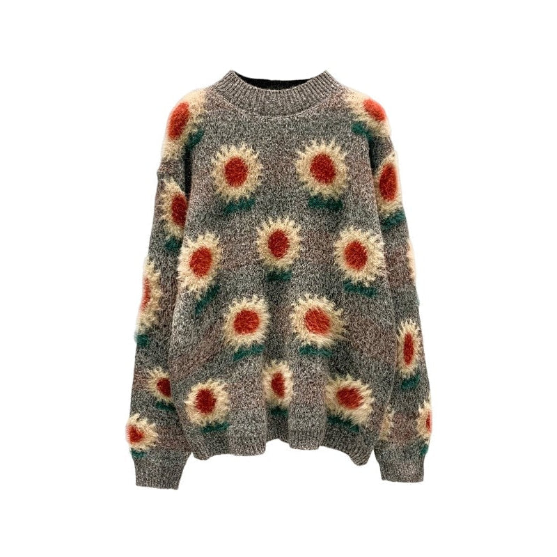 Sunflowers O-Neck Knitted Oversize Sweater - One Size / Gray