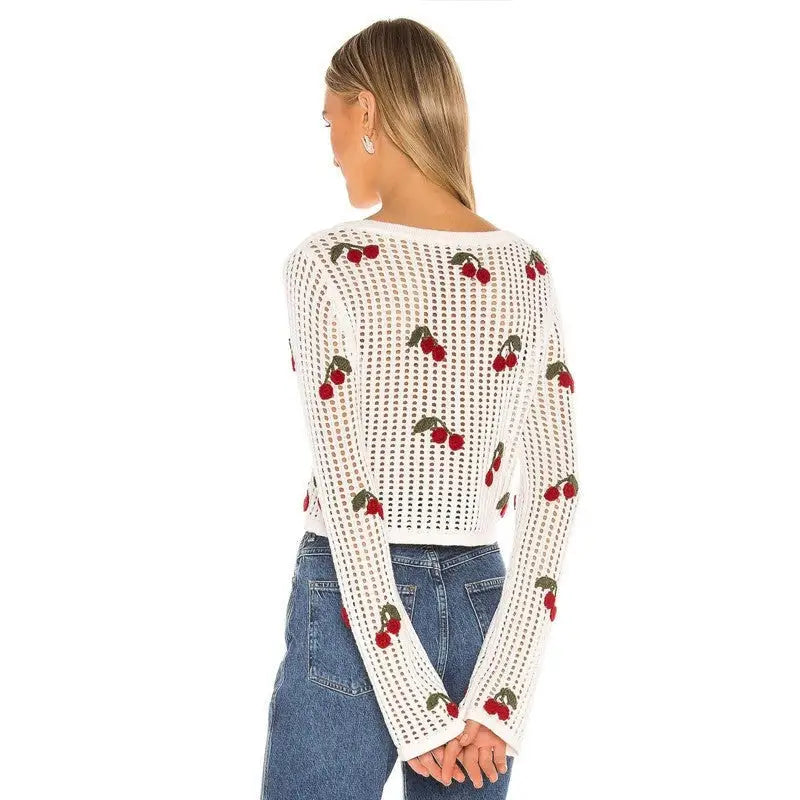 Sweet Cherry Embroidery Crochet V-Neck Sweater