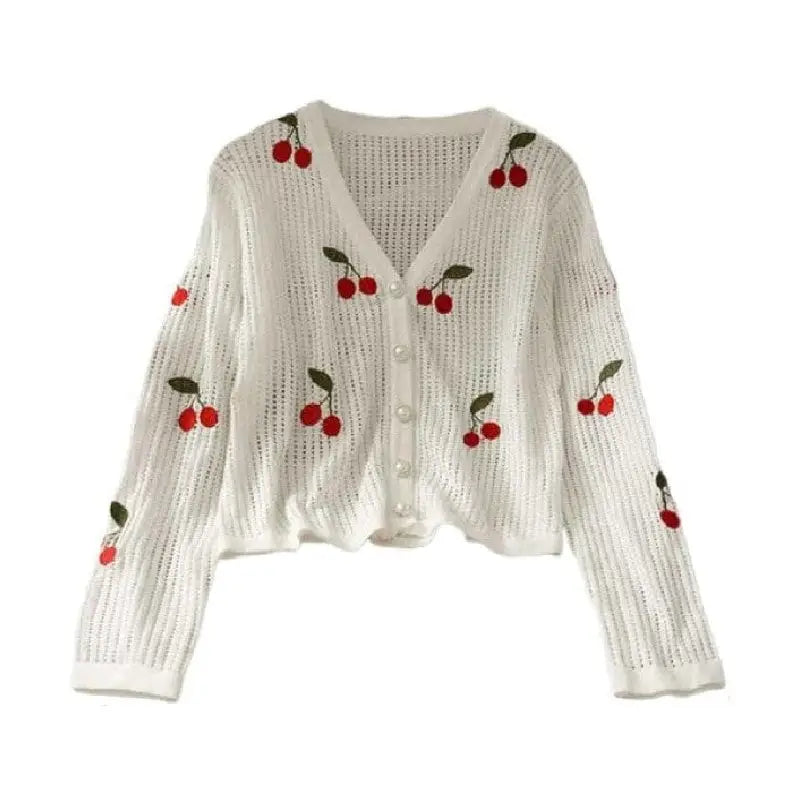 Sweet Cherry Embroidery Crochet V-Neck Sweater