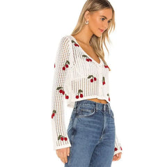 Sweet Cherry Embroidery Crochet V-Neck Sweater