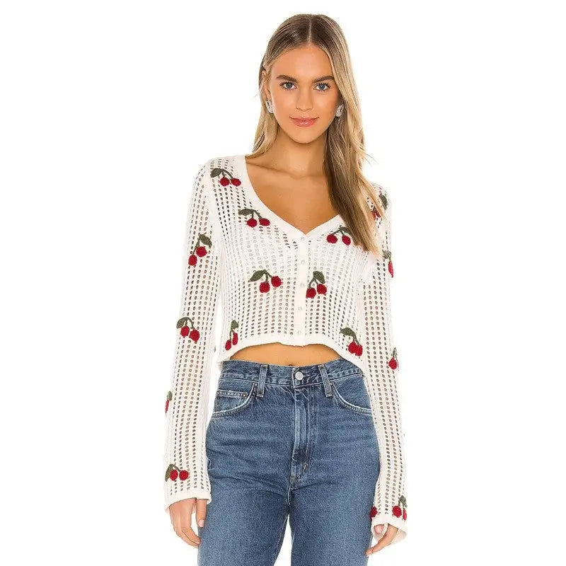 Sweet Cherry Embroidery Crochet V-Neck Sweater