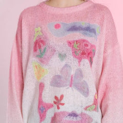Sweet Pink Butterfly Knitted Sweater - One Size
