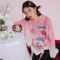 Sweet Pink Butterfly Knitted Sweater