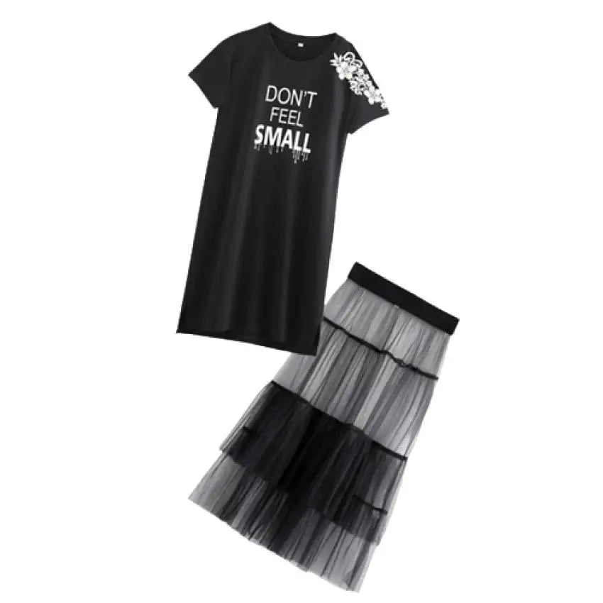 T Shirt Dress and Mesh Skirt Set with Mid Length Black / M