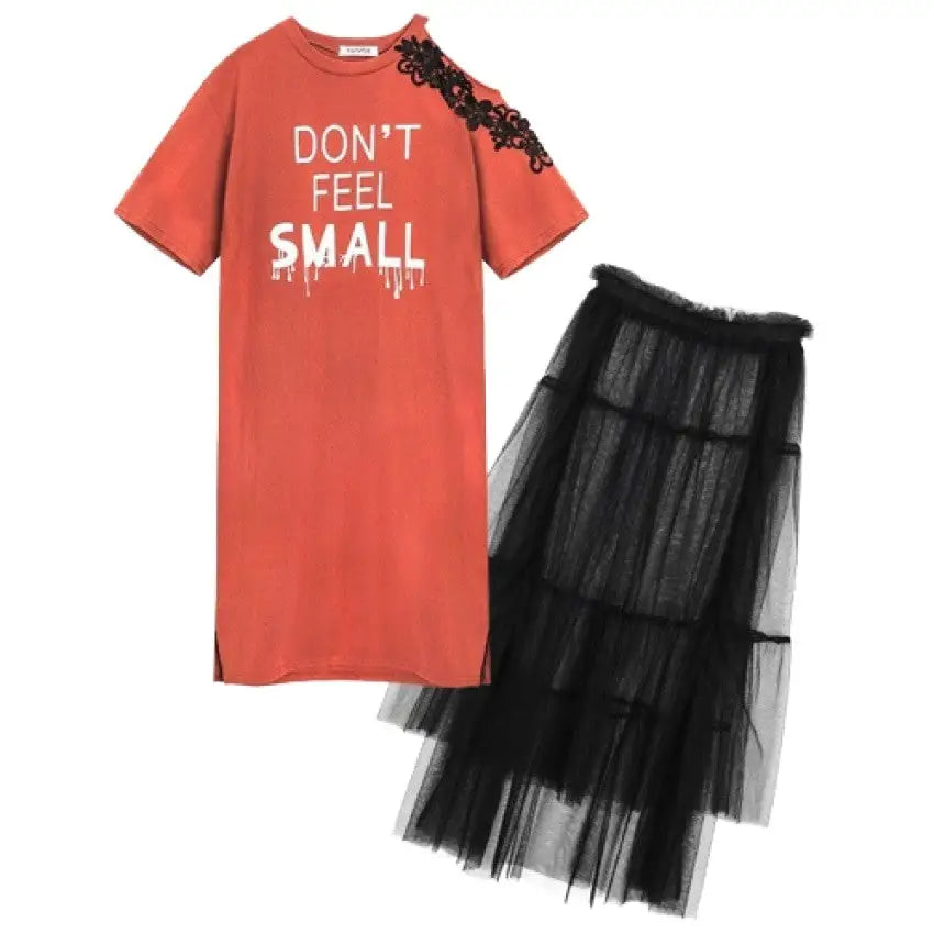 T Shirt Dress and Mesh Skirt Set with Mid Length Orange / M