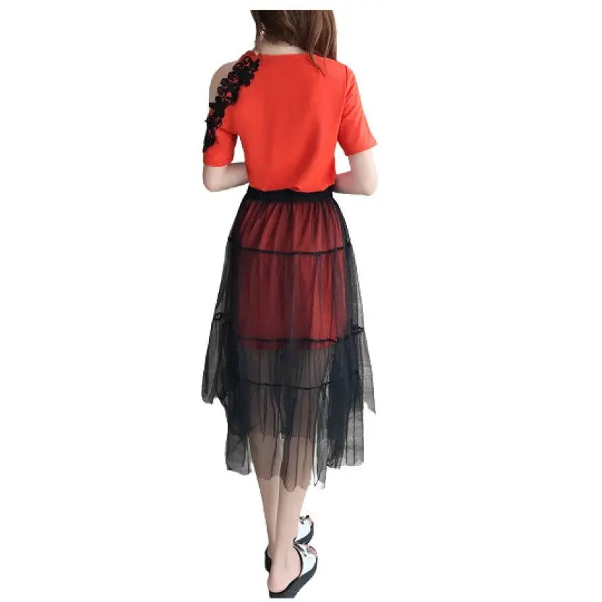 T Shirt Dress and Mesh Skirt Set with Mid Length