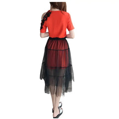 T Shirt Dress and Mesh Skirt Set with Mid Length
