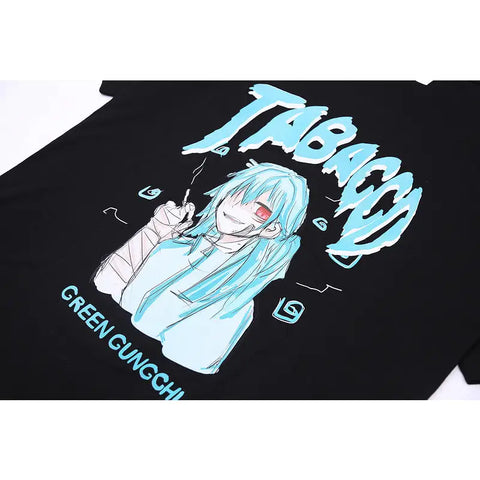 T-Shirt Jabaccd Anime Print Oversize Japanese Kanji Tee