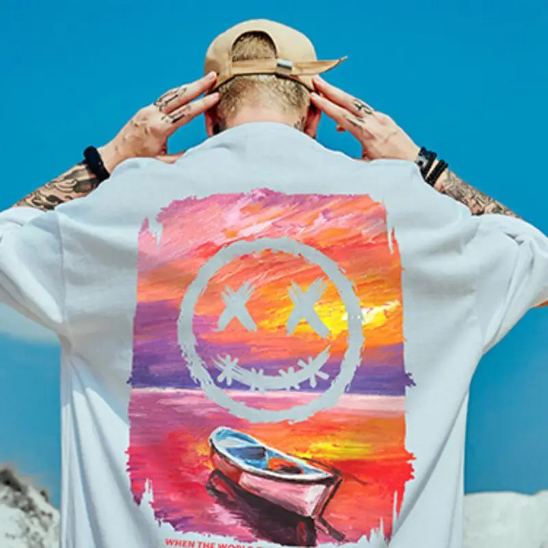 T-Shirt Smile Landscape Print Graphic Casual Tie-Dye Tee