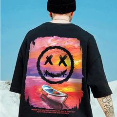 T-Shirt Smile Landscape Print Graphic Casual Tie-Dye Tee