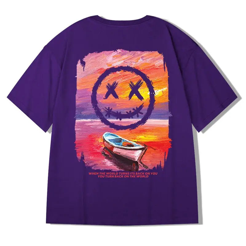 T-Shirt Smile Landscape Print Graphic Casual Tie-Dye Tee