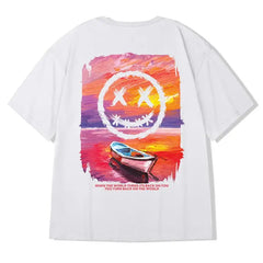 T-Shirt Smile Landscape Print Graphic Casual Tie-Dye Tee