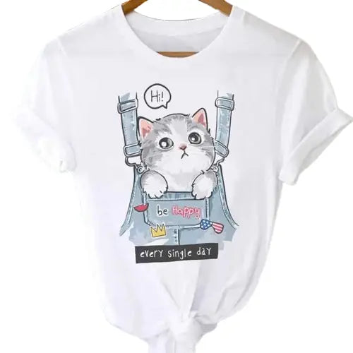 T-shirts Tops With Short Sleeve Cartoon Prints - Cat / S