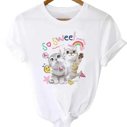 T-shirts Tops With Short Sleeve Cartoon Prints - Cats / S