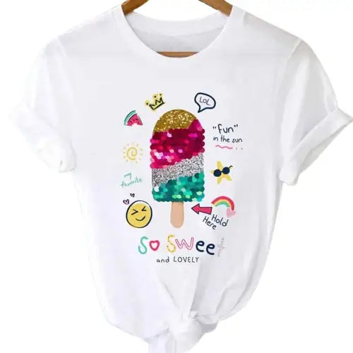 T-shirts Tops With Short Sleeve Cartoon Prints - Pallette