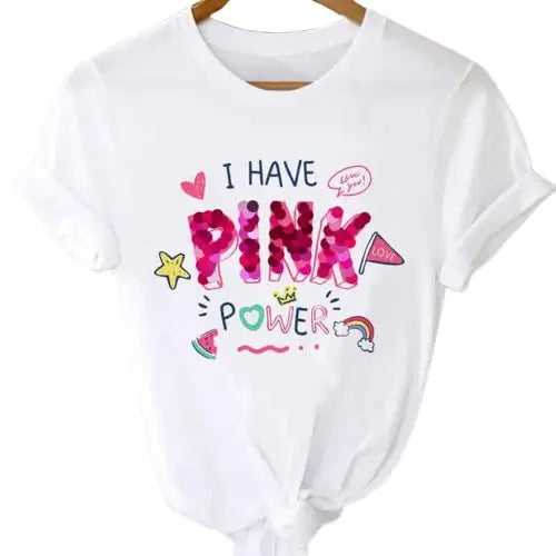 T-shirts Tops With Short Sleeve Cartoon Prints - Pink / S