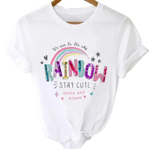 T-shirts Tops With Short Sleeve Cartoon Prints - Rainbow