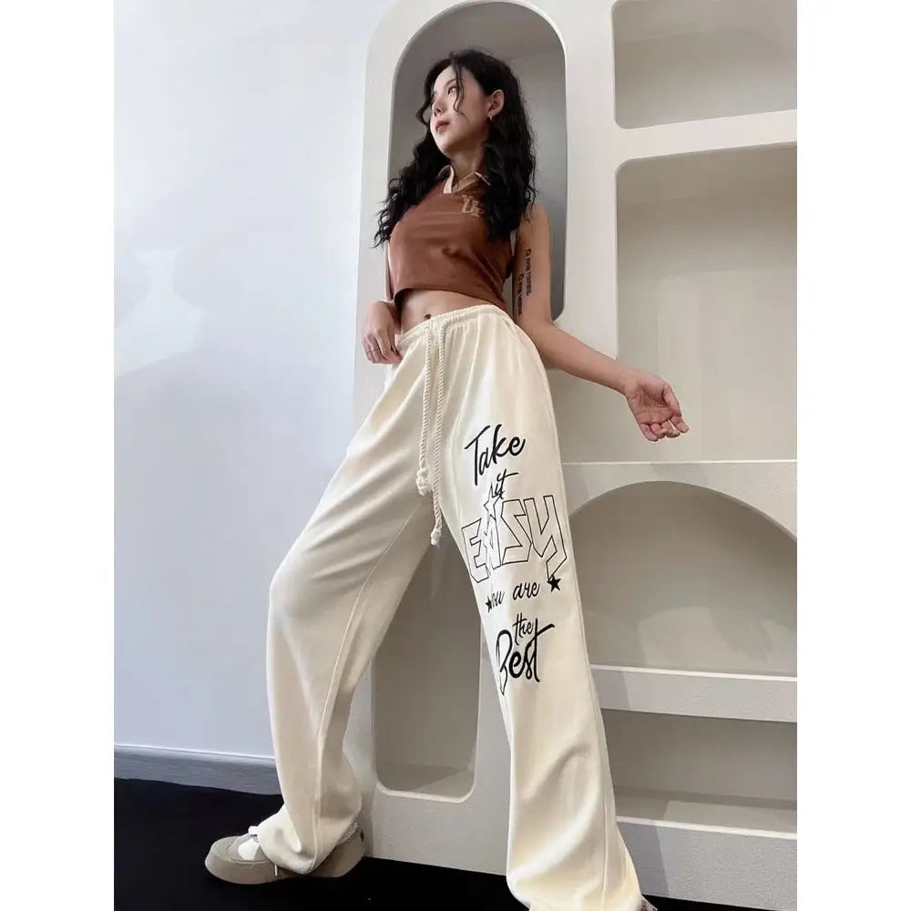 Take it Easy You are the Best Baggy Pants - S / Beige