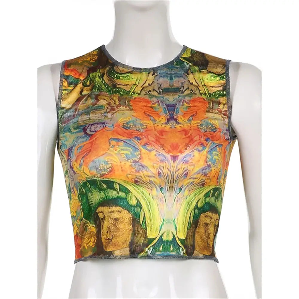 Tank Crop Top with Indigenous Images - S / Multicolor