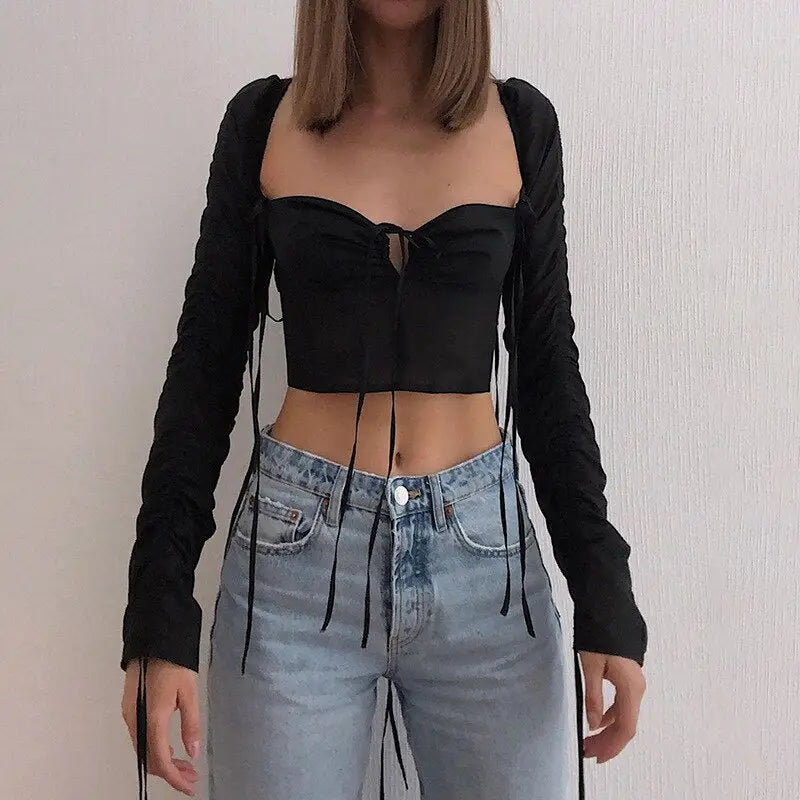 Tassel Pleated Lace-up Fitted Crop Top - top Blouse