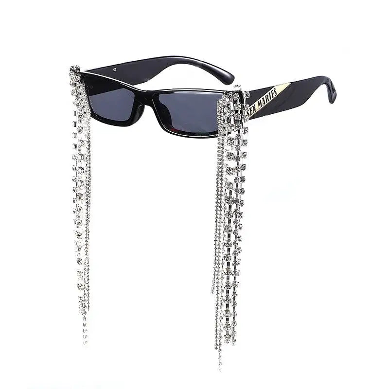 Tassel Rhinestone Sunglasses - Black-Black / One Size