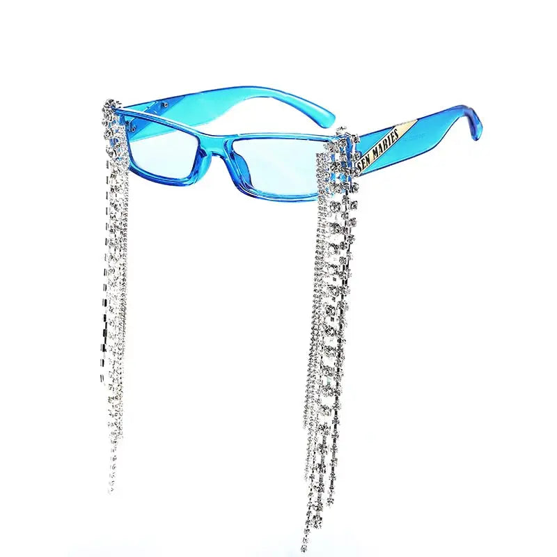 Tassel Rhinestone Sunglasses - Blue-Blue / One Size