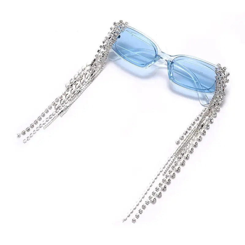 Tassel Rhinestone Sunglasses - Blue / One Size