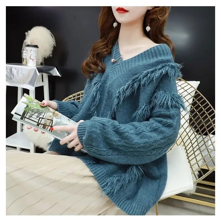 Tassel V-neck Solid Color Knitted Sweater