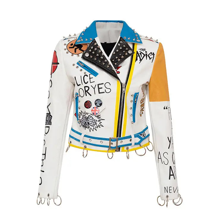 THE ADICTS Motorcycle PU Leather Jacket - White / S